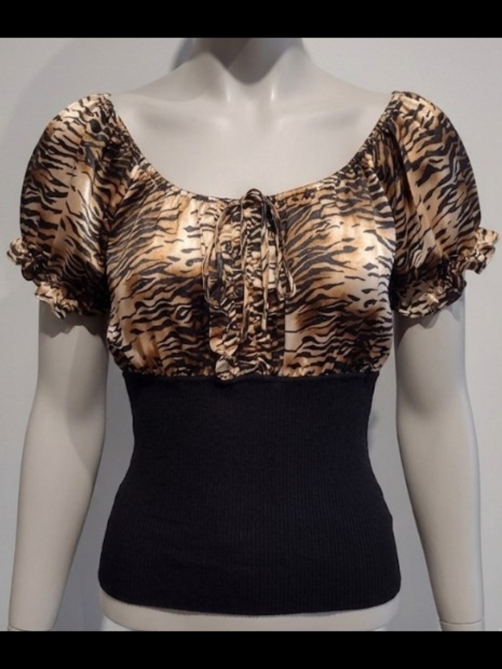 VTG 90's Le Chateau Tiger Print Puff Sleeve Blouse (Sz L) Cocktail Chic